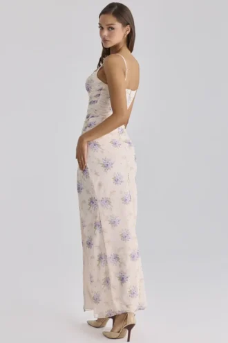 Lini Elfenbeinfarbenes Stretch-Mesh-Maxikleid mit Sweet-Peony-Print