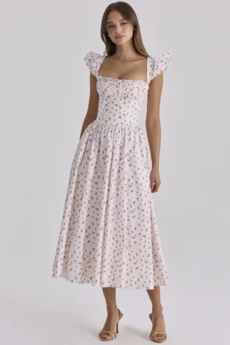 Livia Midi-Sommerkleid aus Baumwolle mit weißem Rosenprint Livia Midi-Sommerkleid aus Baumwolle mit weißem Rosenprint