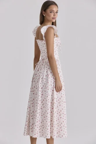 Livia Midi-Sommerkleid aus Baumwolle mit weißem Rosenprint Livia Midi-Sommerkleid aus Baumwolle mit weißem Rosenprint