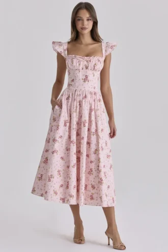 Livia Pink Vintage Rose Baumwoll-Midi-Sommerkleid