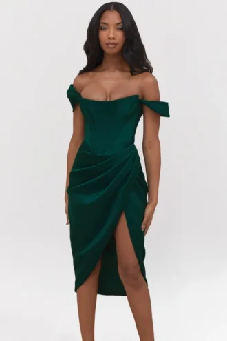 Loretta Smaragdgrünes Satin-Schulterfreies Kleid