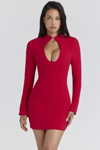 Lotus – Rotes Minikleid aus Krepp mit Schlüssellochausschnitt