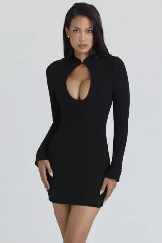 Lotus – Schwarzes Minikleid aus Krepp mit Schlüssellochausschnitt