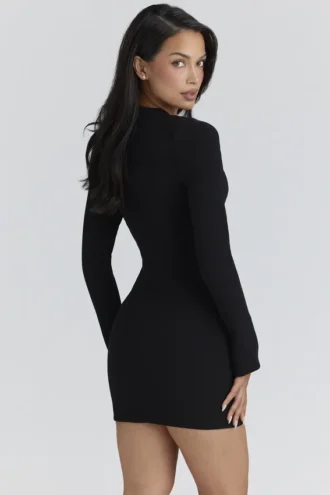 Lotus – Schwarzes Minikleid aus Krepp mit Schlüssellochausschnitt