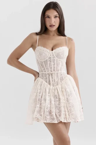 Louisa Vintage Mini-Kleid aus cremefarbener Spitze