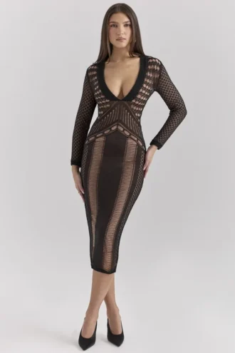 Loula Schwarzes Midi-Kleid mit tiefem Ausschnitt