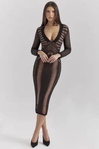 Loula Schwarzes Midi-Kleid mit tiefem Ausschnitt