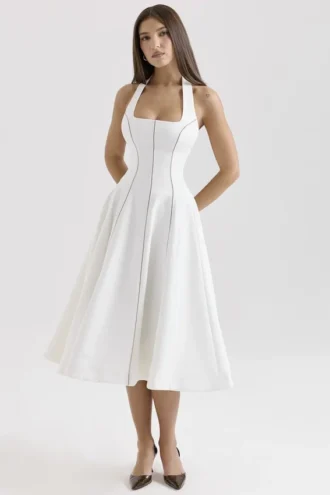 Loulou Midi-Kleid in Elfenbein mit Neckholder