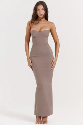 Lucia Taupe trägerloses Korsetts-Maxikleid
