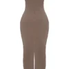 Lucia Taupe trägerloses Korsetts-Maxikleid