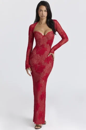Lucienne Rotes Maxikleid mit Spitzenstickerei – Limitierte Edition