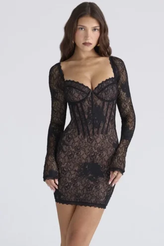 Lucienne Schwarzes Minikleid aus bestickter Blumenspitze – Limited Edition