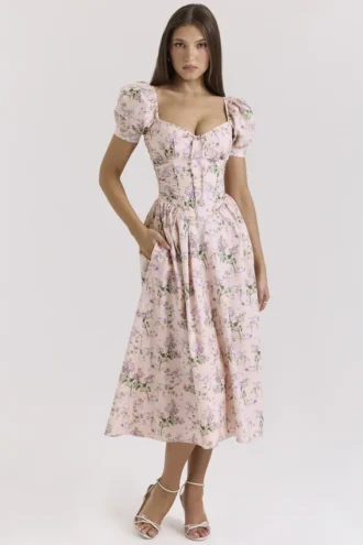 Lulabell Midi-Kleid aus Baumwolle mit rosa Schleifenprint