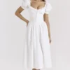 Lulabell Weißes Midi-Kleid aus Stretch-Baumwolle mit Puffärmeln Lulabell Weißes Midi-Kleid aus Stretch-Baumwolle mit Puffärmeln