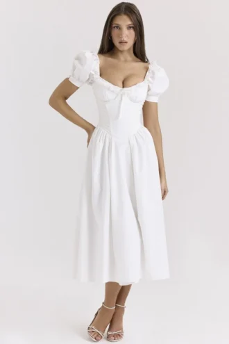 Lulabell Weißes Midi-Kleid aus Stretch-Baumwolle mit Puffärmeln