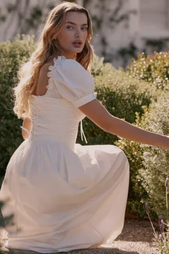 Lulabell Weißes Midi-Kleid aus Stretch-Baumwolle mit Puffärmeln