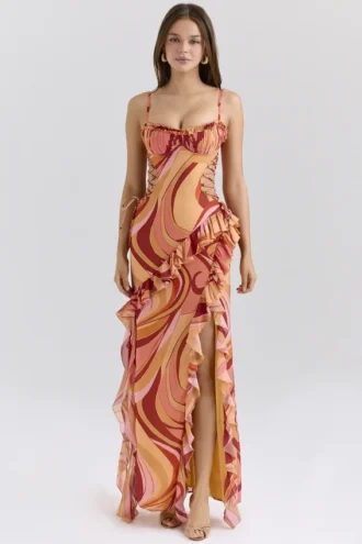 Lumira Sunset Swirl Print Rüschen-Maxikleid mit Cut-outs