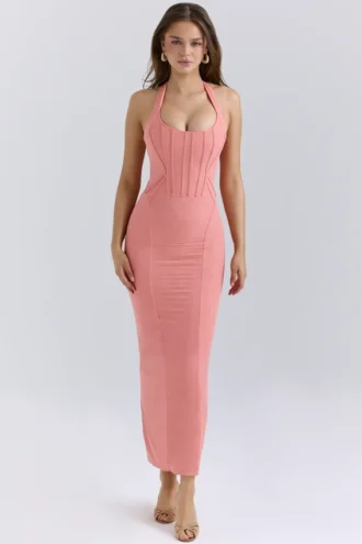 Lusilla Midi-Kleid aus Stretch-Mesh mit Neckholder-Ausschnitt in Korallenrot
