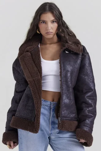 Madden Braune vegane Shearling-Fliegerjacke