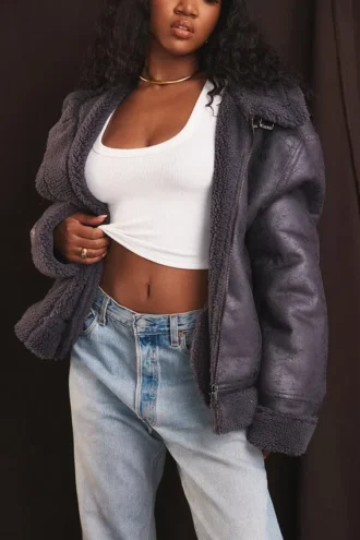 Madden Graue vegane Shearling-Fliegerjacke
