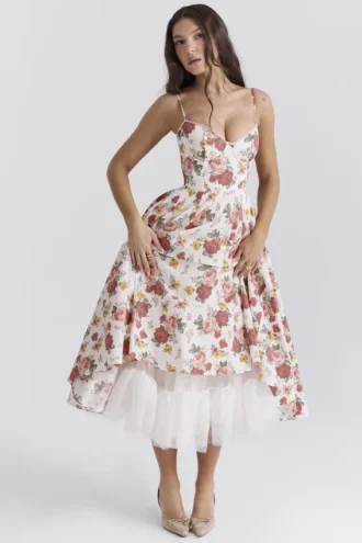 Mademoiselle Midi-Kleid aus Tüll mit italienischem Rosenprint