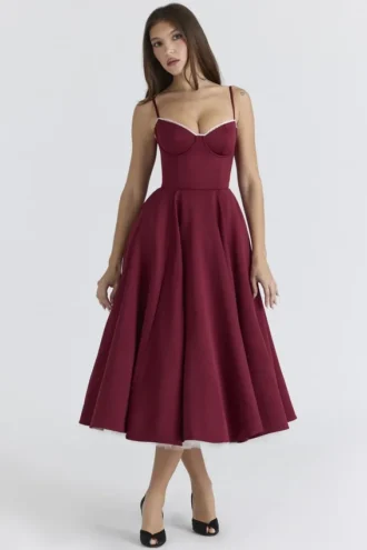 Mademoiselle Wine Satin-Tüll-Midi-Kleid