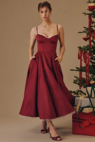 Mademoiselle Wine Satin-Tüll-Midi-Kleid