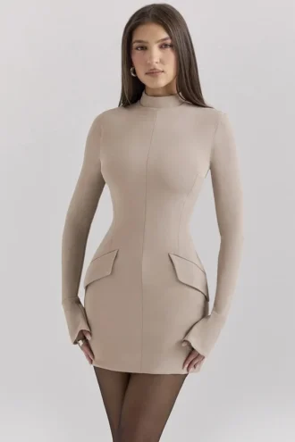 Mahalia Taupe Langarm-Minikleid