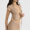 Maia Shimmer Cafe Au Lait Oberteil mit Bindeband vorne Maia Shimmer Cafe Au Lait Oberteil mit Bindeband vorne