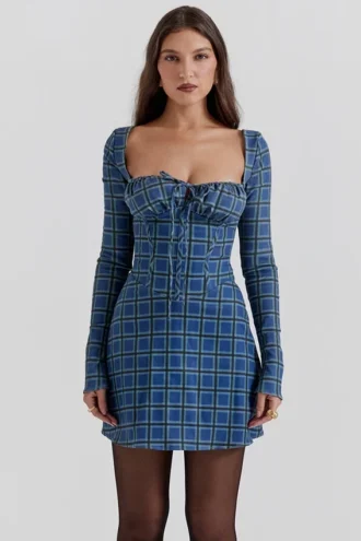 Malika Blaues Tartan-Korsetts-Minikleid