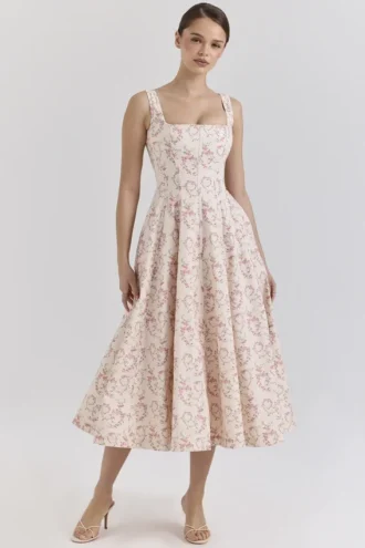 Mariabella Cremefarbenes Midi-Sommerkleid aus Baumwolle mit Blumenprint