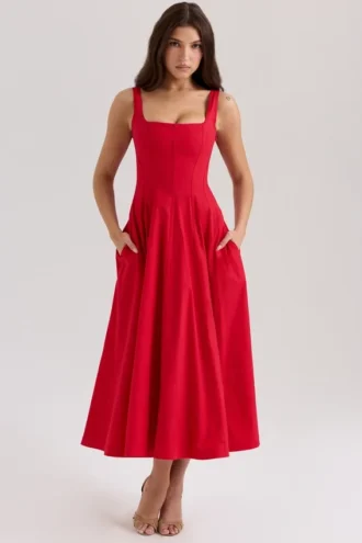 Mariabella Rotes Midi-Sommerkleid aus Stretch-Baumwolle