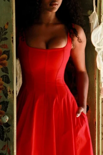 Mariabella Rotes Midi-Sommerkleid aus Stretch-Baumwolle