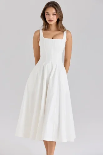 Mariabella Weißes Midi-Sommerkleid aus Stretch-Baumwolle Mariabella Weißes Midi-Sommerkleid aus Stretch-Baumwolle