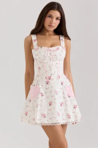 Marianella Mini-Kleid aus Stretch-Baumwolle mit cremefarbenem Rosenprint