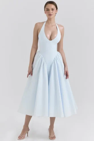 Marilyn Midi-Sommerkleid aus weichem blauem Baumwolltwill mit Neckholder