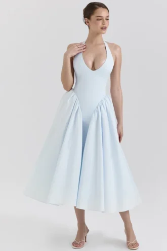 Marilyn Midi-Sommerkleid aus weichem blauem Baumwolltwill mit Neckholder