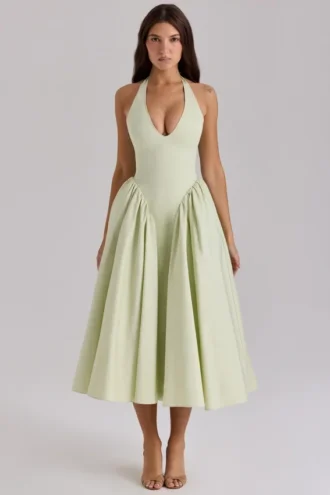 Marilyn Pistachio Baumwoll-Halter-Midi-Sommerkleid