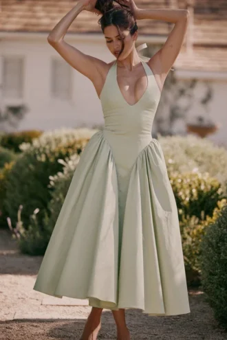 Marilyn Pistachio Baumwoll-Halter-Midi-Sommerkleid