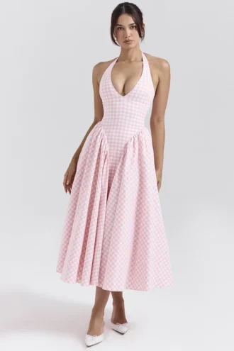 Marilyn Strawberry Shortcake Gingham Halter Midi-Sommerkleid