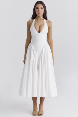 Marilyn – Weißes Baumwoll-Halter-Midi-Sommerkleid
