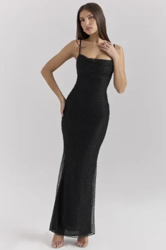Maxikleid „Calla“ mit schwarzen Perlenverzierungen