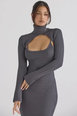 Meliora Midi-Kleid aus anthrazitfarbenem Strick