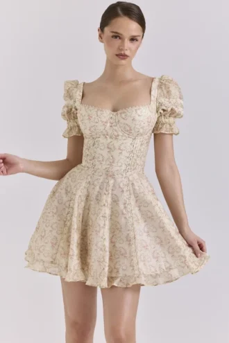 Melita Cremefarbenes Minikleid aus Chiffon mit Blumenprint und Puffärmeln