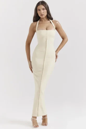 Mia Ecru Neckholder-Maxikleid