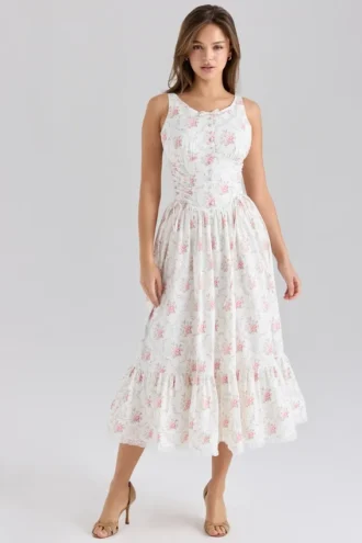 Midi-Kleid aus Stretch-Baumwolle mit Schnürung und Sienna-Rose-Print