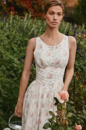 Midi-Kleid aus Stretch-Baumwolle mit Schnürung und Sienna-Rose-Print