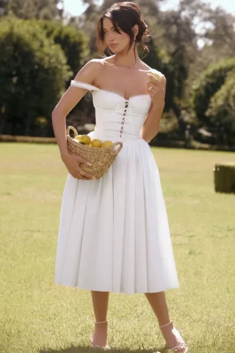 Milia Midi-Kleid aus weißer Broderie Anglais und Baumwolle