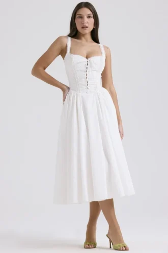 Milia Midi-Kleid aus weißer Broderie Anglais und Baumwolle
