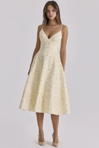 Millie – Midi-Sommerkleid aus Baumwolle mit Riemchen und Zitronenblumenmuster